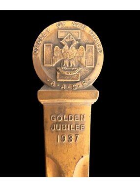BRONZE 1937 GOLDEN JUBILEE LETTER OPENER SAN DIEGO SCOTTISH RITE FREEMASONRY